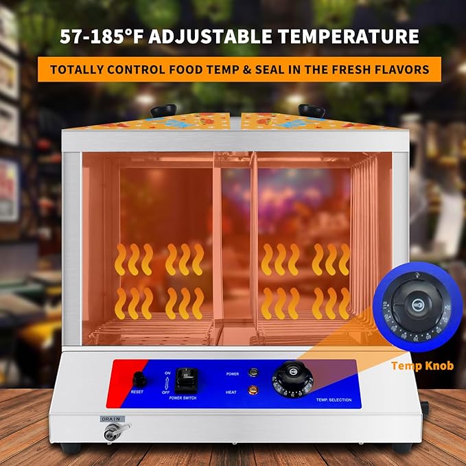 Hot Dog Steamer 36L Hot Dogs Buns Steamer for 100 Hot Dogs & 50 Electric Bun Warmer Cooker with Thickened Tempered Glass Stainless Steel