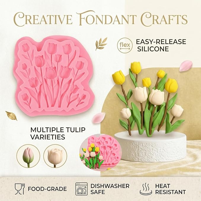 1 Pcs Tulip Fondant Mold, Flower Chocolate Silicone Mold, Food-Grade Material, for Baking Cookies Candy Sugar Crafts, Marzipan Muffins Chewing Gum Salted Dough Epoxy Resin Plaster Soap Clay