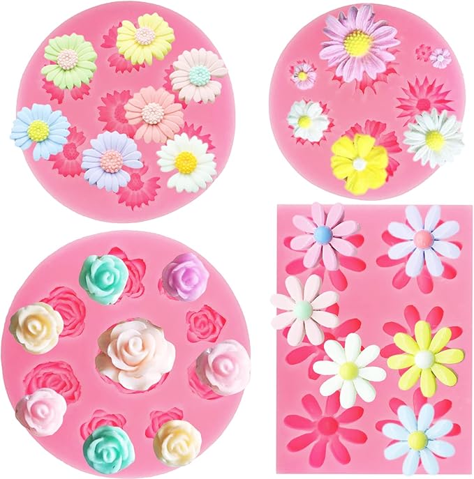 4Pcs Rose Flower Silicone Molds Daisy Chrysanthemum Silicone Molds Small Flower Shapes Fondant Cake Chocolate Molds Polymer Clay Resin Mold for Cake Decoration Candy Ice Cube Soap Wax Making DIY Craft