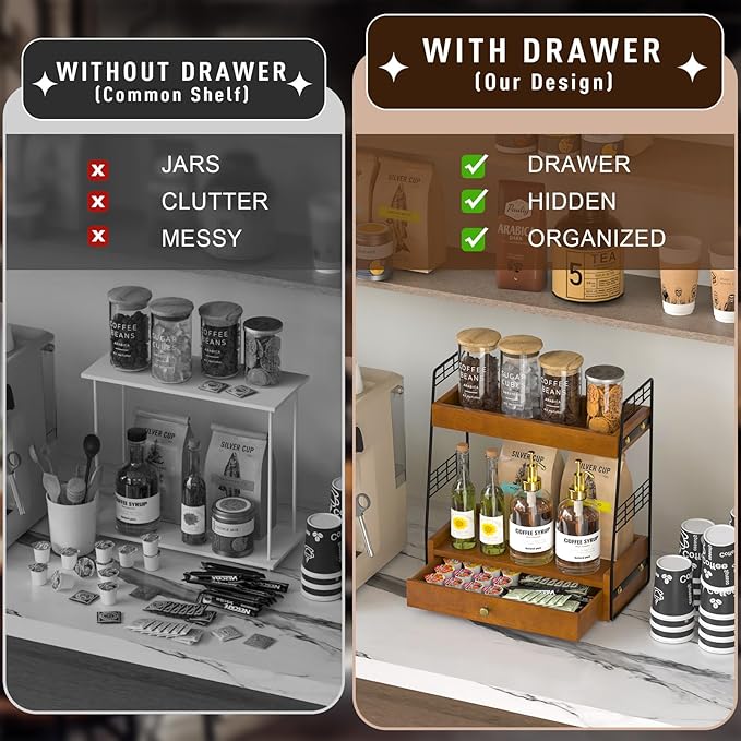 Coffee Bar Station Organizer with Built-In Drawer, 2-Tier Countertop Shelf for Tea Bags, Coffee Accessories, Syrup Bottles (Walnut)