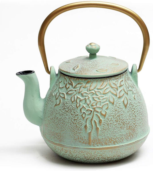 Tea Kettle, TOPTIER Japanese Cast Iron Teapot with Infuser for Loose Leaf and Tea Bags, Stovetop Safe Cast Iron Tea Kettle Coated with Enameled Interior for 40 oz (1200 ml), Light Green
