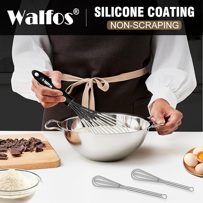 Walfos Whisks,Silicone Whisk Non Scratch,Whisks for Cooking,BPA free and Dishwasher Safe.Nice for Mixing and Beating.5pcs whisk set (5+7in mini whisk +7+9+11in balloon whisk)