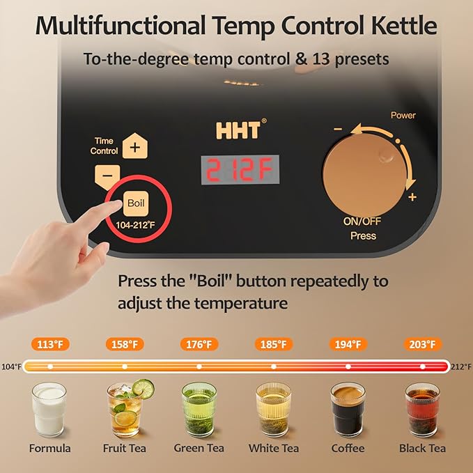 HHT Electric Tea Maker with Infuser, ±1℉ Precise Temperature Control, Glass Electric Kettle for Herbal,Flowers,Fruit Tea and Loose Leaf,BPA-Free,Auto Shut-Off,Brewing Program,Keep Warm,0.8L/27oz Black