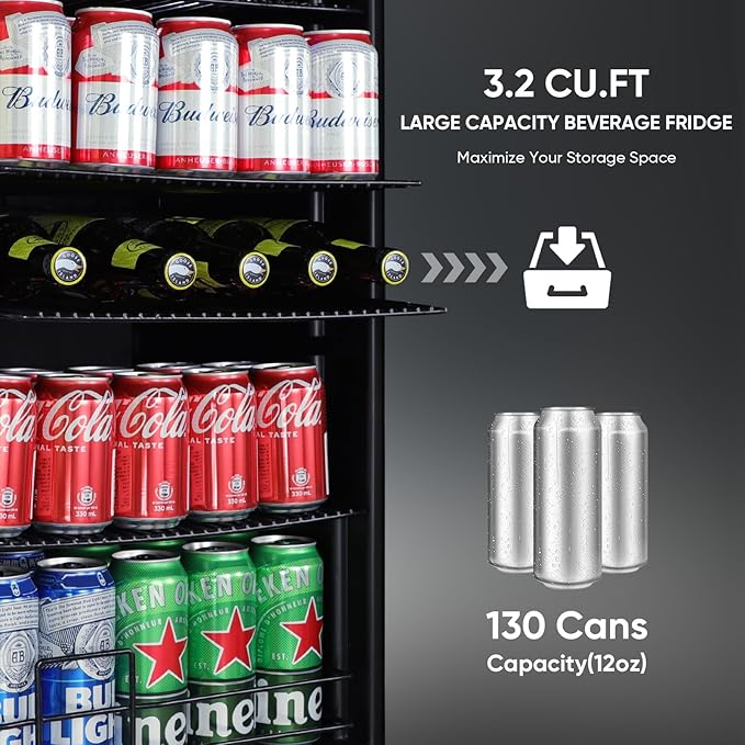 ORYMUSE 3.2 Cu.Ft Beverage Refrigerator, 130 Can Mini Fridge with Glass Door & Digital Temperature Control, Compressor Cooling Freestanding Cooler for Soda, Beer, Wine, Home, Office & Bar - Black