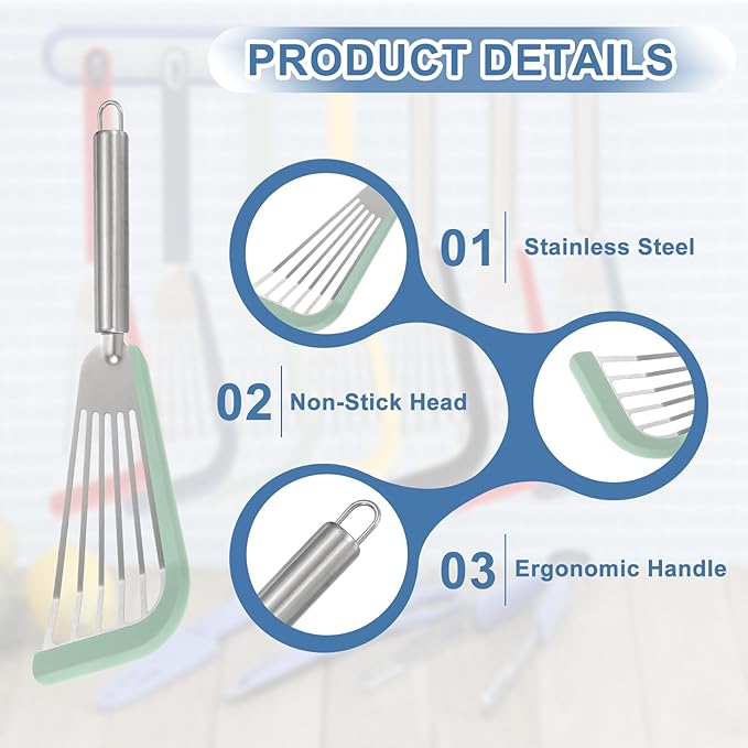 uxcell Stainless Steel Fish Spatulas with Handle Kitchen Cooking Spatula for Egg, Fish, Pancake Green