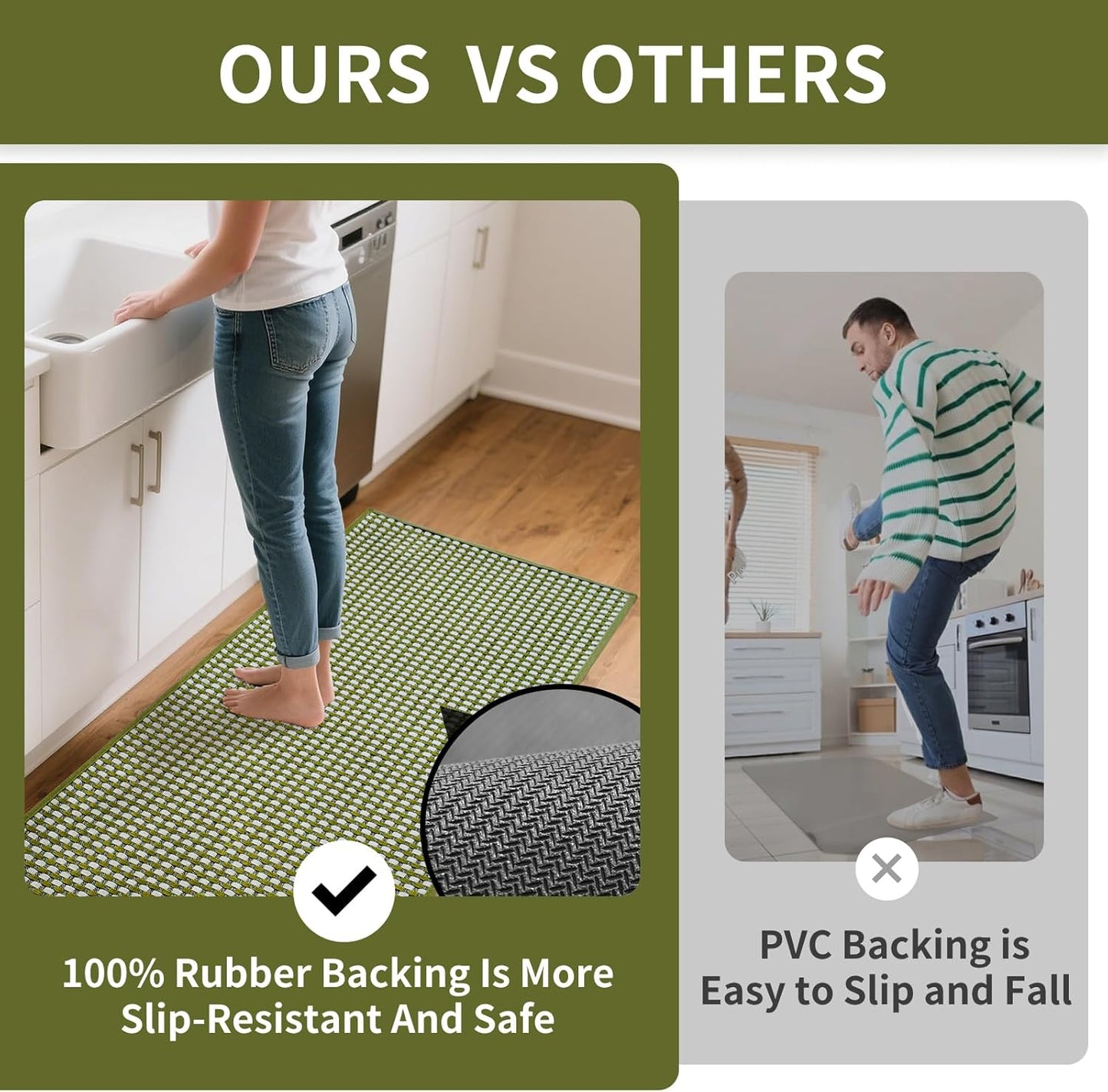 Kitchen Rugs Non Slip Washable, Rubber Backing Soft Chenille Braided Kitchen Mats for Floor, Super Absorbent Kitchen Runner Rug Standing Mat Sink Mat, Easy to Clean, Green 17"x47"