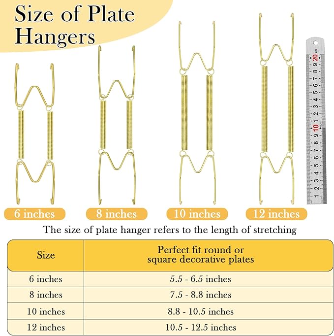 14 Pack Plate Hangers for Wall Display, 6/8/10/12 Inch Invisible Stainless Steel Plate Holders with Wall Hooks, Fit 5.5–12.5 Inch Decorative Plates, Plate Display Hangers for Home Wall Decor, Gold