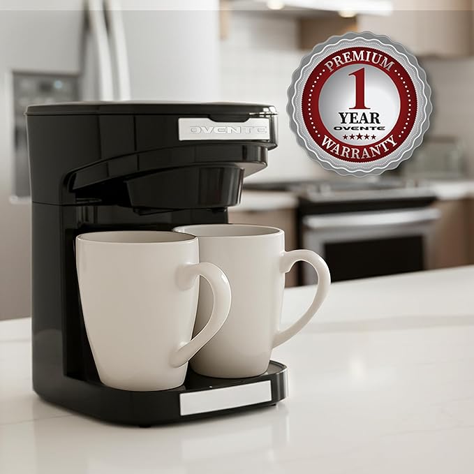 OVENTE Double Drip Coffee Maker with 2 Ceramic Mugs and Auto Shut Off, Small Dual Drip Coffee Maker Machine Works with Ground Coffee Only, Compact Kitchen or Office Essential, Black CMDD2MB