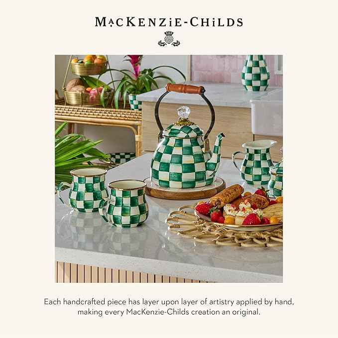 MACKENZIE-CHILDS Enamel Salt and Pepper Shakers, Kitchen Table Spice Shaker Set, Green-and-White Emerald Check, Small
