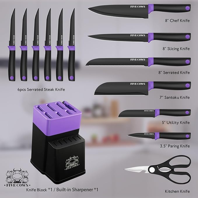 14 Pcs Kitchen Knife Block Set with Sharpener German High Carbon Stainless Steel Chef Knives, Razor-Sharp & Durable, Lightweight Anti-Slip Handle, Professional Set for Home & Kitchen (Purple)