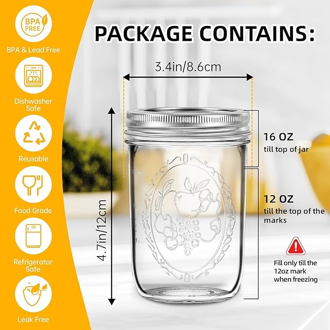 Miuyhji Mason Jars 16 oz with Lids, 12Pcs Wide Mouth Glass Canning Jars with Airtight Lids and Bands, Overnight Oats Containers for Pickling, Freezing, Preserving, Meal Prep, Jar Décor