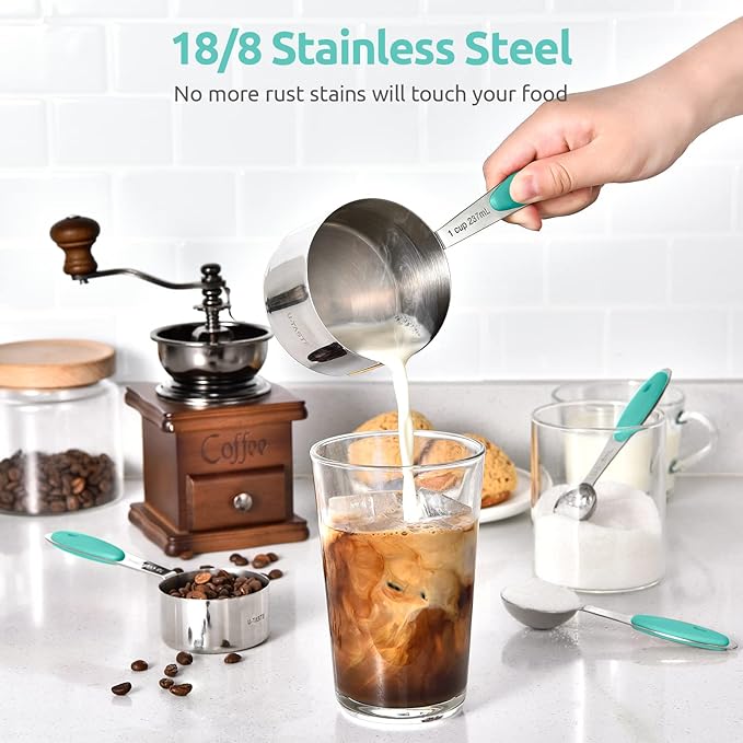U-Taste 18/8 Stainless Steel Measuring Cups and Spoons Set of 12 and 600ºF Heat Resistat Silicone Flexible Baking Spoon Spatula & Cooking Scoop Spoonula (Aqua Sky)