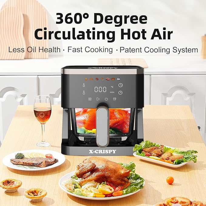 APSARAS USA Air Fryer Glass, 5.2QT Convection Oven Glass Air Fryer Non Toxic, Transparent Fry Bowl | Cook Shrimp, Steak, Fries, Wings, Chicken & More | Precise Temperature Control & Time