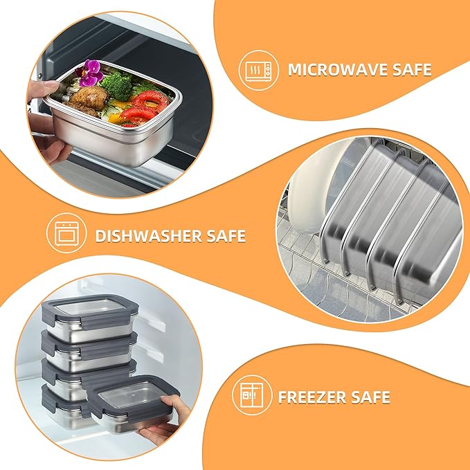 BEFOY Stainless Steel Food Storage Container with Lids Bento Lunch Box Leak Proof & Airtight for Kitchen Meal Prep freezer Reusable & Stackable Oven Dishwasher Safe (600 * 3)