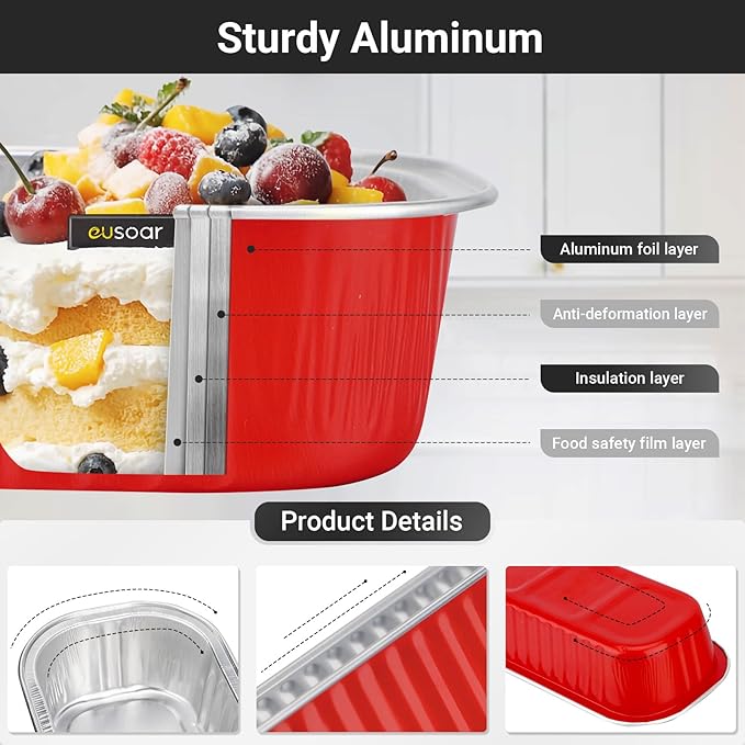 EUSOAR Disposable Ramekins with Lids, 50pcs 6.8oz 6.5"x2.5"x1.2" Aluminum Foil Baking Cups Mini Loaf Pan Tin，Rectangle Cupcake Containers Wrappers, Dessert Cheesecake Creme Brulee Ramekins Pan