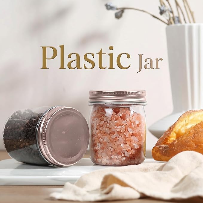 novelinks 8 oz Clear Plastic Jars with Airtight Lids, 24 Pack Plastic Mason Jars with Lids 8oz, Refillable Storage Slime Containers & Small Spice Jar for Kitchen Organization (24 Pack,Rose Gold)
