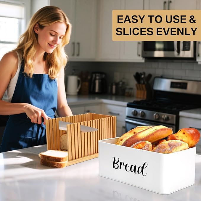 Bread Box with Bread Slicer Storage Container for Kitchen Countertop Food Storage with Multifunction Bamboo Lid, 3 in 1 Breadbox Removable Cut Board for Loaf Slicing (White,Wood, Metal,Bamboo)