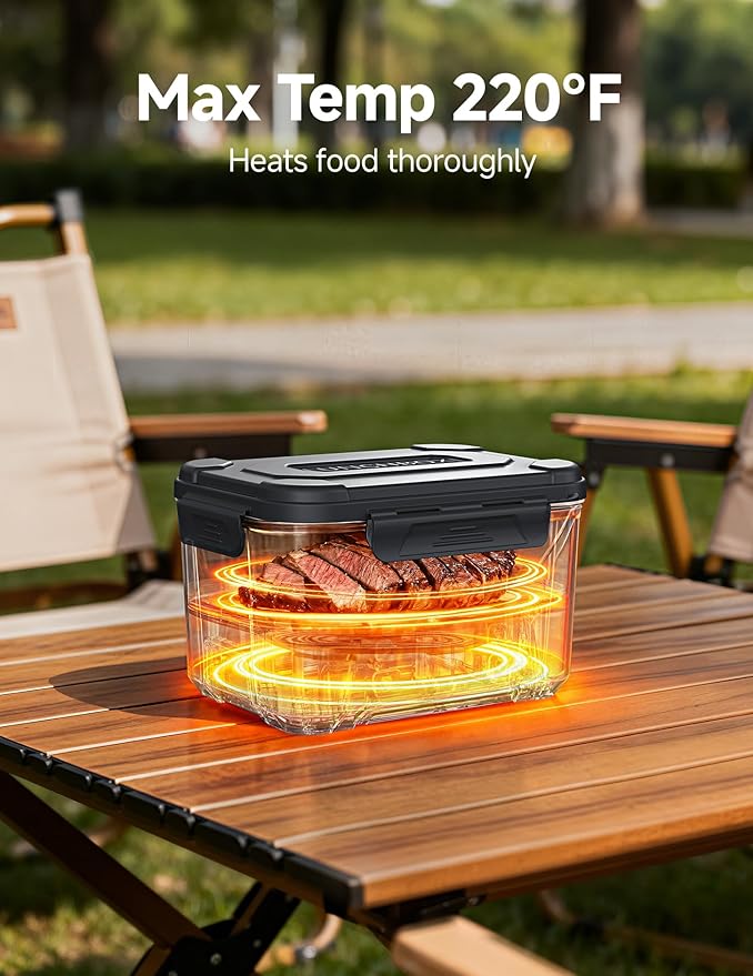 EAST OAK Heated Lunch Box for Men, Electric Lunch Box for Adults, 5.5 Cups Cordless Portable Food Warmer, Rechargeable Self Heating Food Heater with Memory Function, Automatic Keep Warm(Matte Black)