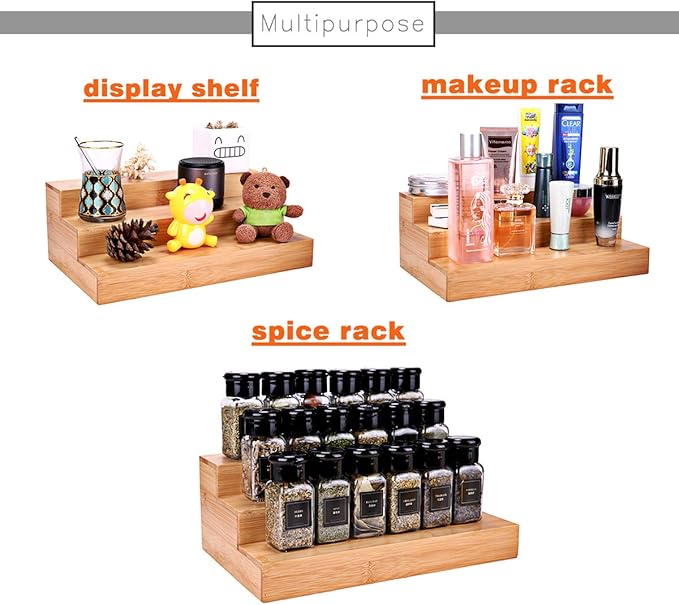 Bamboo Spice Rack Organizer for Cabinet 3 Tier Countertop Step Spice Shelf for Kitchen Storage and Organizer, Step Display Rack for Toy/SkinCare/Healthy Care, 2 Pack Step Rack