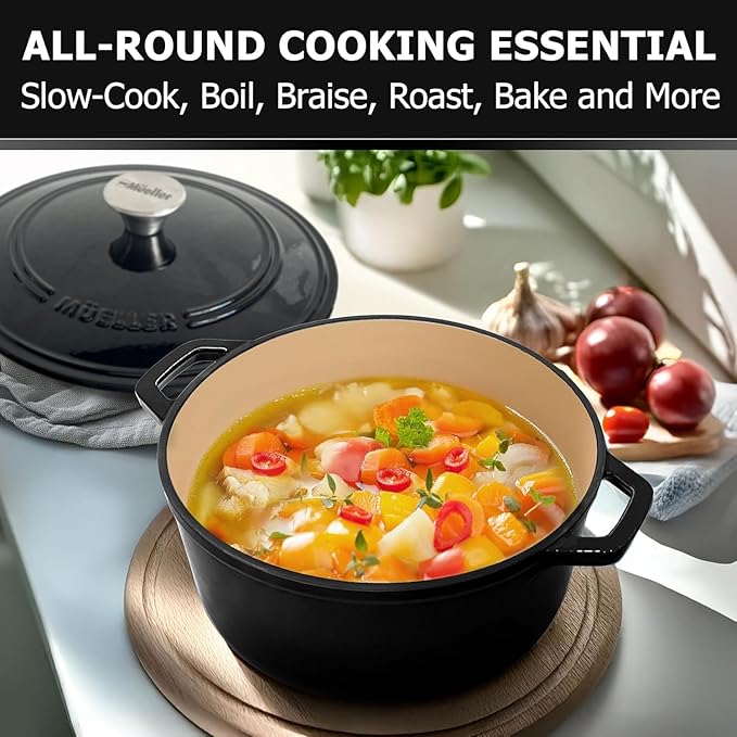 MUELLER HOME 4.5 QT Enameled Cast Iron Dutch Oven, Heavy-Duty Casserole Dish and Braiser Pan with Lid and Stainless Knob, Oven-Safe up to 500° F & Across All Cooktops, Black
