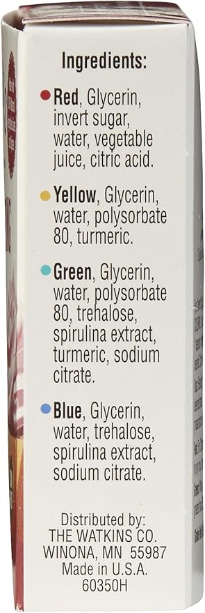 Watkins Assorted Food Coloring, 1 Each Red, Yellow, Green, Blue, Total Four 0.3 oz bottles, 4 Count (Pack of 2)