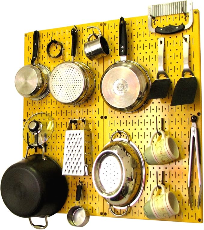 Wall Control Kitchen Pegboard Organizer Pots and Pans Storage Rack Organization Kit with Yellow Pegboard and Black Accessories