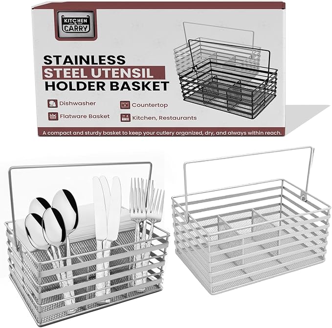Stainless Steel Utensil Basket,Dishwasher , Flatware Basket, Kitchen, Countertop, Office, Camping, Outdoors, and Restaurants, 4-Compartment, Silver