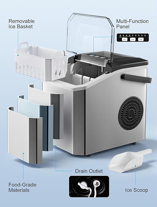 Ice Maker Countertop, Portable Ice Machine with Carry Handle, Self-Cleaning Ice Makers with Basket and Scoop, 9 Ice Cubes in 6 Mins, 26 lbs per Day, 5 Sizes of Bullet Ice for Home Party Camping RV