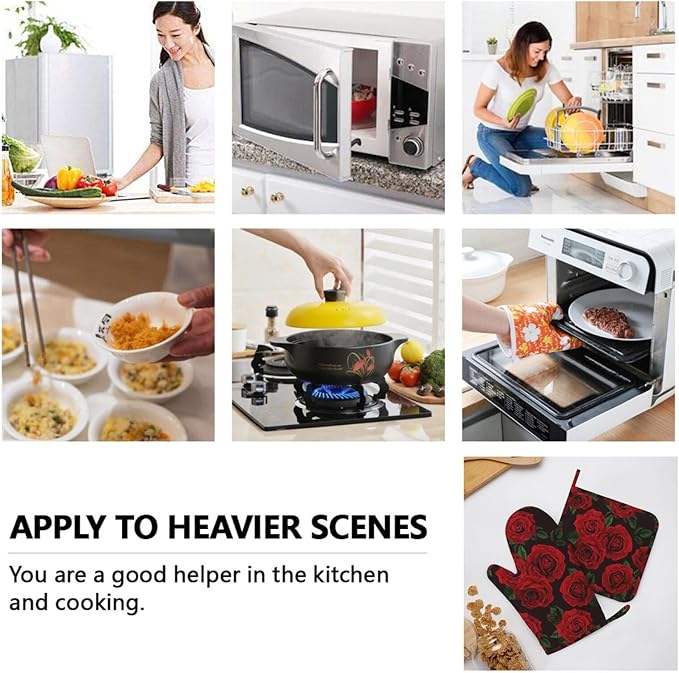 Red Black Rose Flower Oven Mitts and Pot Holders Sets of 4, Heat Resistant Silicone Oven Mittens and Potholders Gloves Hot Pads for Kitchen Cooking Baking Grilling BBQ Chef