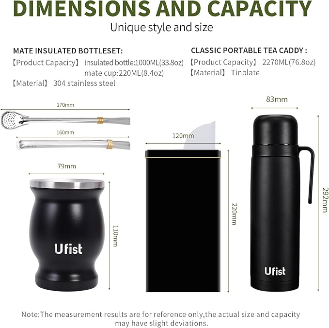 Yerba Mate Set with 34 oz Insulated Bottle, 8.4 oz Gourd Cup, Bombilla Straws, Tea Container, Stainless Steel (Argentina)