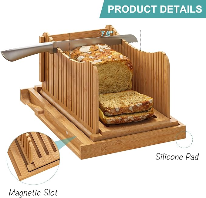 Large Bamboo Bread Slicer with Serrated Knife, Adjustable Bread Slicer Guide with 3 Thickness Size, Foldable Compact Chopping Cutting Board with Crumb Tray (Extra A - with Knife)
