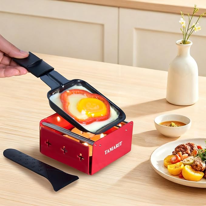 TAMARIT Personal Raclette Grill- Portable Candlelight Raclette Cheese Melter with Non-Stick Pan & Spatula - Small Raclette Machine for One Person, Picnic, Camping & Home, Red