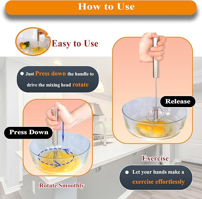 Stainless Steel Semi Automatic Whisk Egg Beater Whizzy Whisk, Hand Push Blender Kitchen Mixer Wisking Tool for Blending Cooking Gadgets(12in)
