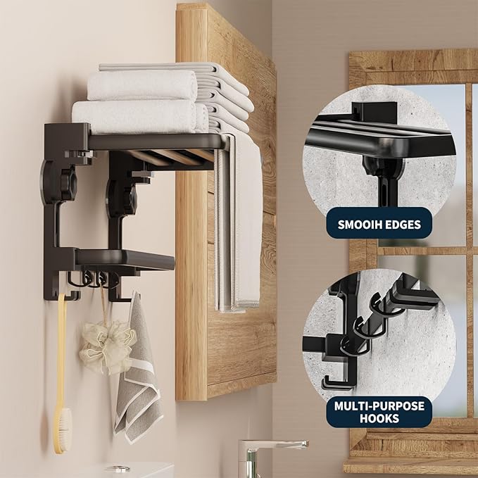 Towel Rack with Towel Bar Holder Suction Cup Foldable Towel Shelf No Drill with 7 Hooks Rustproof Towel Storage Wall Mount for Bathroom Lavatory Matte Blackish Gray16 Inch