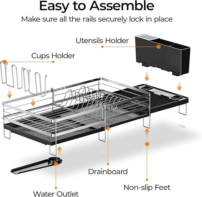 Delamu Stainless Steel Dish Drying Rack, Expandable Dish Drainer, Anti-Rust Large Dish Racks for Kitchen Counter, Dish Strainers with Drainboard, Utensil Holder & Cup Holder, 13.4"-28.7" L x 11.8" W
