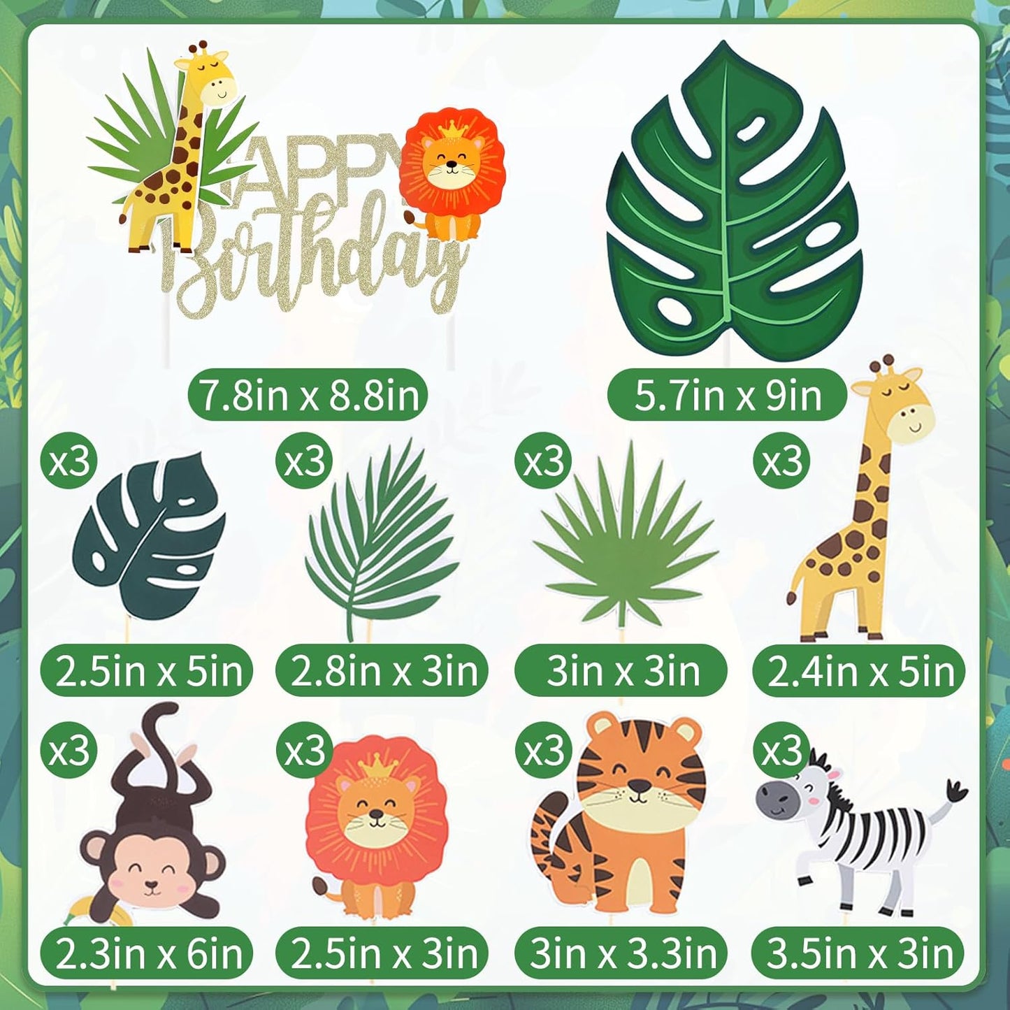 Safari Animal Cake Topper, Wild One Birthday Decorations,Safari Baby Shower Decoration,with Tropical Leaves,Cute Jungle Animals Cake Decor, for Girls Boys, Wild Theme Birthday Party Supplies