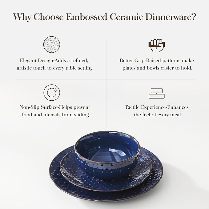 MALACASA 12 Pieces Dinnerware Sets, Modern Plates and Bowls Sets, Blue Dish Set for 4, Kitchen Ceramic Dinner Plates Dishware Set, Microwave and Dishwasher Safe, Series LYDIA
