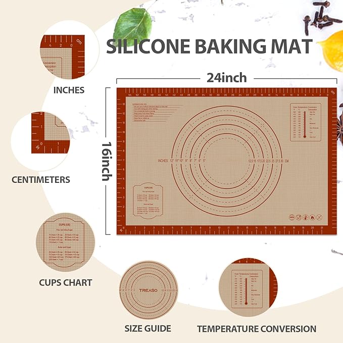 Silicone Baking Mat, 24" x 16" Baking Mat, Pastry Rolling Sourdough Baking Mat Supplies for Making Pizza, Pie, Cookies, Bread