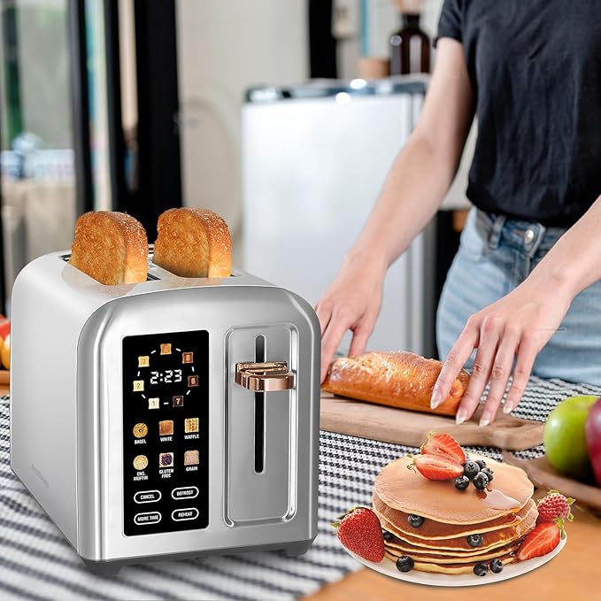 SEEDEEM Toaster 2 Slice, Full Touch Control Stainless Toaster, LCD Display, 50% Faster Heating Speed, 6 Bread Type, 7 Shade Setting, 1.5''Wide Slots, Removable Crumb Tray, 1350W, Silver Metallic