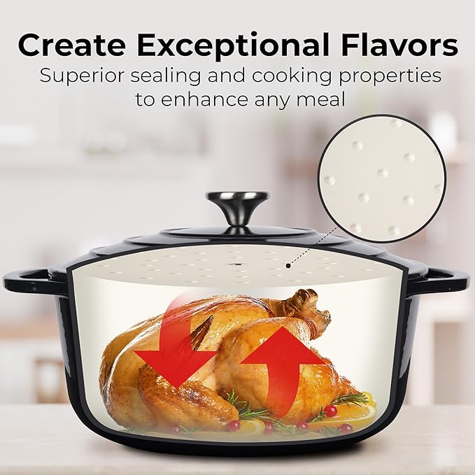 Zulay Kitchen 7.7 Quart Enameled Cast Iron Dutch Oven Pot with Lid – Premium Durability & Oven Safe up to 500°F – Heavy Duty Cookware Perfect for Bread Baking, Stews, Braising & Roasting – Black