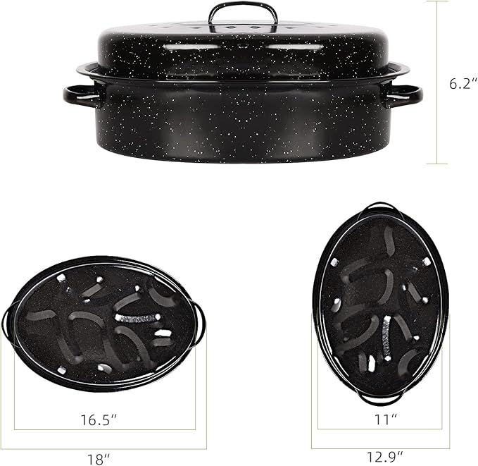 Roasting Pan 18.3 inch Roaster Pan Set Enamel Oven Roaster Pan with Lid for Turkey Chicken Cookware