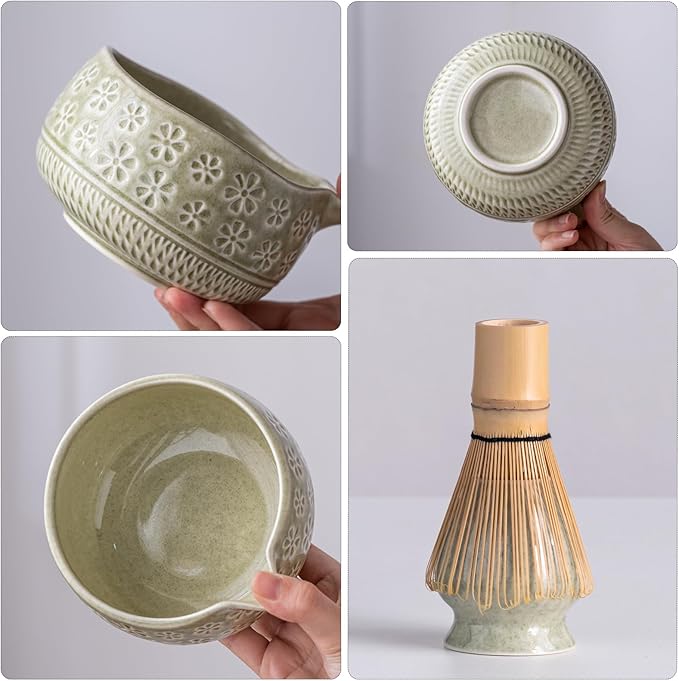 Buucup Matcha Whisk Set, Ceramic Matcha Kit Set Includes Matcha Bowl, Matcha Whisk and Holder, Bamboo Scoop, Scoop Rest, Sifter and Tea Towel - 7 Pcs Matcha Kit for Matcha Lovers (Mottled Green)