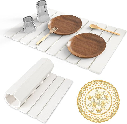 Stone Dish Drying Mat, 24"(L)×16"(W) - Fast-Drying, Collapsible Kitchen Counter Mat for Dishes, Cups & Bottles with Sanding Tool + Placemat, White