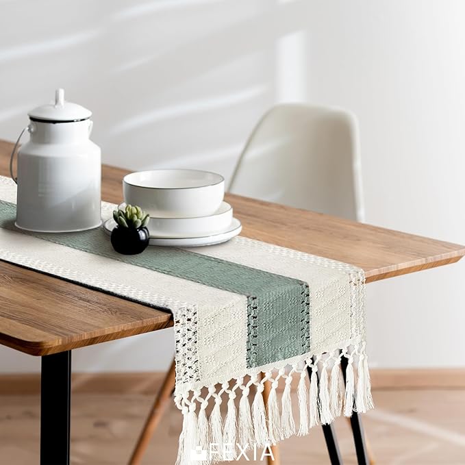 FEXIA Sage Green Table Runner 72 Inches Long with Tassels Boho for Easter Home Decor Rustic Macrame Farmhouse Table Cover for Srping Party Bohemian Bridal Shower Dining Decorations(12x72 Inches)