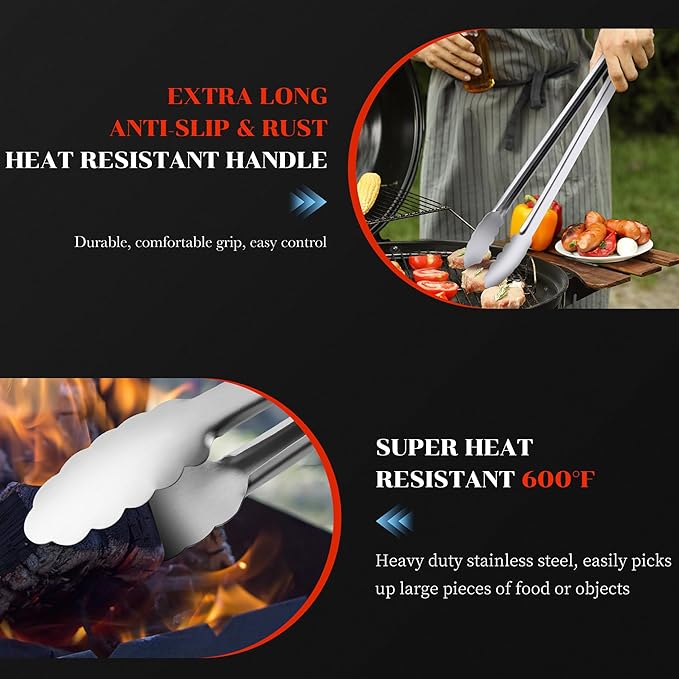 Grill Tongs - 17 Inch Extra Long BBQ Tongs, Heat Resistant Stainless Steel Kitchen Tong, Heavy Duty Metal Locking Tong for Cooking, Grilling, BBQ/Barbecue, Food (17 inch)
