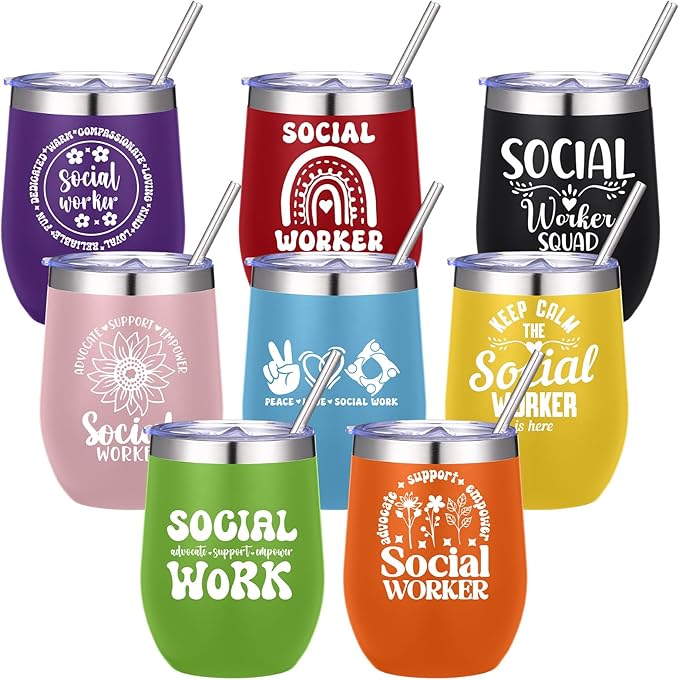 Sliner 8 Pcs Social Worker Tumbler with Lid 12oz Stainless Steel Cups Social Work Week Appreciation Gifts for Women Men Works Practitioner, Birthday Graduation Gift Ideas for BSW MSW DSW