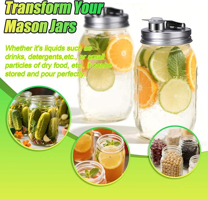 Mason Jar Pour Spout Lid Stainless Steel, Regular Mouth Pour Spout Flip Cap Lids for Mason Jars, Anticracking Leak Proof Seal Cover Airtight for Drinking Salad Dressing & Food Storing(4PCS)