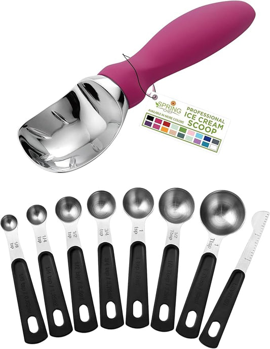 Spring Chef Premium Ice Cream Scoop, Magenta & Round Magnetic Measuring Spoons with Leveler, Set of 8, Black - 2 Product Bundle