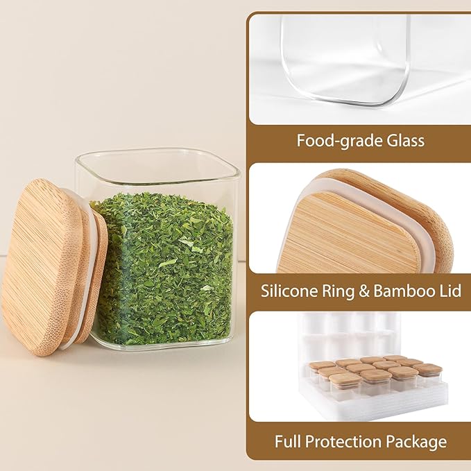 TBWIND 20 Pack 4 oz Square Glass Spice Jars with Lids and Labels – Airtight Small Seasoning Containers Set, Clear Glass Storage Jars for Seasoning, Spices, Kitchen Pantry Organization
