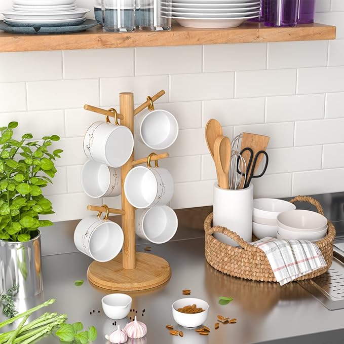Wisuce Bamboo Mug Tree with Thicker Base - Countertop Coffee Cup Stand with 6 Hooks